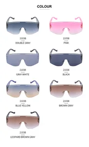 Matrix display of colorful rimless shield sunglasses in seven trendy color variations