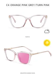 Detail of cat-eye sunglasses with photochromic lenses turning pink in sunlight