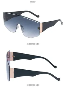 Front and side macro views of oversized shield sunglasses with gradient grey lenses
