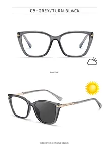 Detail of cat-eye photochromic sunglasses showing grey frame and lens color change