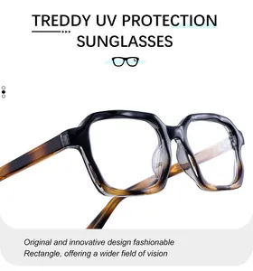 Detalle de gafas de sol cuadradas con degradado negro y marrón y lentes de protección UV
