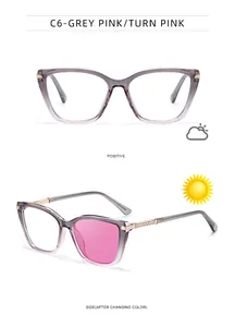 Cat eye photochromic sunglasses detail showing indoor grey to outdoor pink lens transition