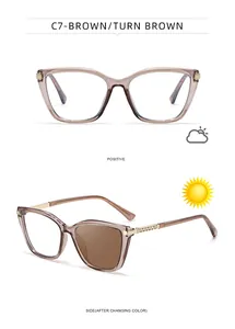 Detail view of photochromic cat-eye sunglasses changing from clear to dark brown tint