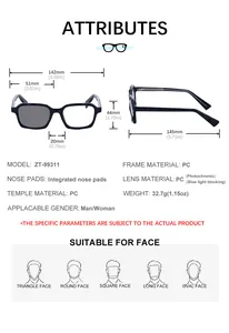 Tabla de tallas detallada para gafas fotocromáticas con montura cuadrada y dimensiones