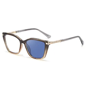 Cat eye transition sunglasses for women with rhinestone metal temples and blue light filter