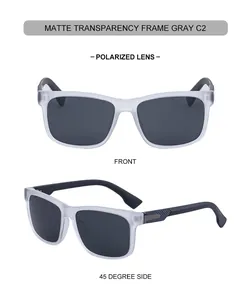 Détails de lunettes de soleil polarisées carrées avec monture transparente mate et verres gris