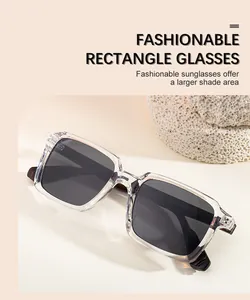 Macro detail of rectangle sunglasses with serial number 98307 on transparent temples