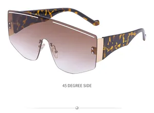 Detail of oversized shield sunglasses with leopard print temples and gold metal hardware