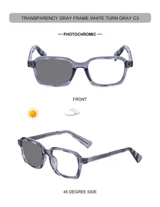 Detalle de gafas fotocromáticas cuadradas que muestran cambio de lente de claro a gris