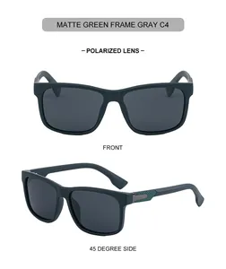 Détail de lunettes de soleil carrées vert mat à verres polarisés et accents métalliques