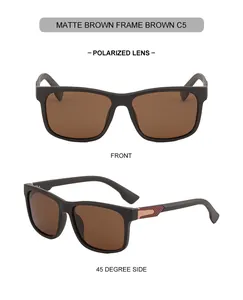 Vues de face et à 45 degrés de lunettes de soleil carrées polarisées marron mat