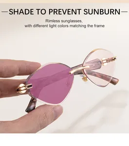 Détail de lunettes de soleil œil-de-chat sans monture avec verres roses et branches écaillées