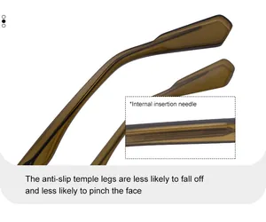 Detail of translucent brown temples with internal metal needle for sunglasses frame