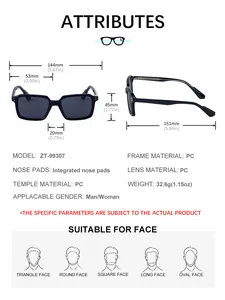Detailed technical specifications and sizing dimensions for square frame sunglasses