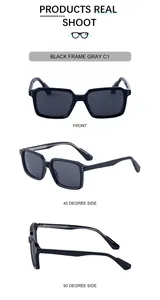 Detailed views of square frame sunglasses with black frame and gray lenses from three angles