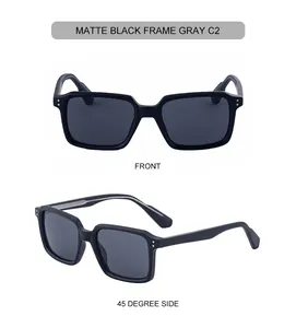 Front and 45-degree angle view of matte black square sunglasses with gray lenses