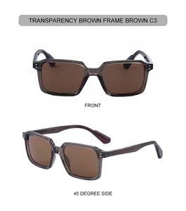 Macro view of transparency brown square frame sunglasses with metal dot temple detail