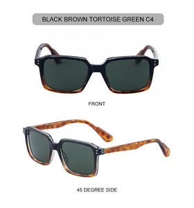 Detailed front and side views of square frame sunglasses with black brown tortoise finish
