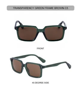 Detail view of transparent green square sunglasses with brown lenses and metal rivets