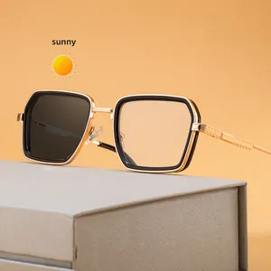 Detailed macro view showing metal spring hinges and photochromic square lenses