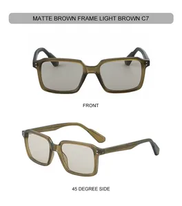 Front and side view of matte brown square sunglasses with light brown lenses, model C7