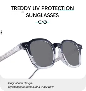 Detail of square sunglasses showing gradient frame and intricate metal temple core