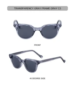 Vue détaillée des lunettes de soleil œil de chat gris transparent à monture facettée