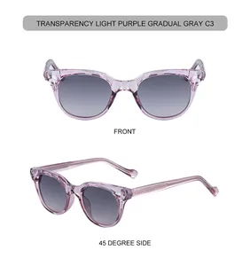 Détail de lunettes de soleil œil-de-chat violet clair transparent avec verres dégradés gris