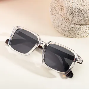 Mens square sunglasses with clear frame and dark lenses on a textured stone display