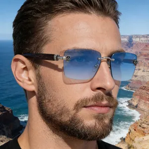 Herren randlose phototrope Sonnenbrille mit blauen Verlaufsgläsern und Bügeln in Holzoptik