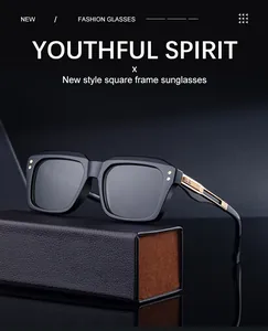 Detail of square polarized sunglasses with gold hollow metal temples and leather case