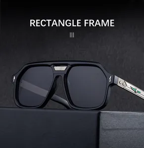 Macro shot of rectangular polarized sunglasses with metal eagle wing detail on the temple