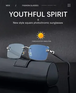 Detail einer randlosen photochromen Sonnenbrille mit Bügeln in Holzoptik auf Etui