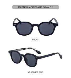 Front and 45-degree side views of matte black square sunglasses with gray lenses