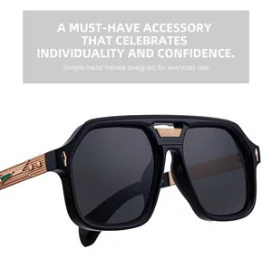 Detailed close-up of thick black square sunglasses frame with gold star metal accents
