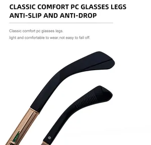 Detail view of anti-slip sunglasses arms with black PC ends and light gold metal stems