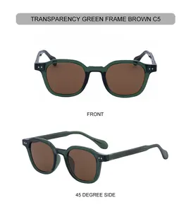 Front and side view of square transparent green sunglasses with brown lenses and metal rivets