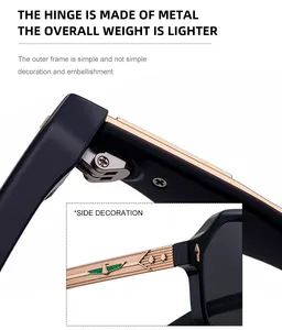 Detail of square polarized sunglasses with golden eagle temple and enamel accents