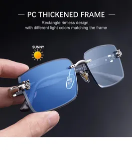 Detailansicht der rahmenlosen Sonnenbrille mit blauem Verlauf und 3D-Leopardenkopf-Emblem