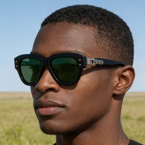 Detail of polarized sunglasses showing the black frame and golden metal hinge design