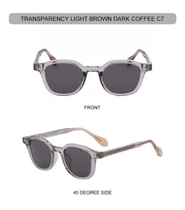 Front and side views of square transparent light brown sunglasses with dark coffee lenses