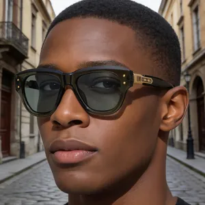 Close-up of olive green oversized cat-eye sunglasses with golden metal temple hinge detail