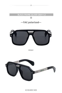 Close-up of black square polarized sunglasses with silver eagle-patterned metal temple detail