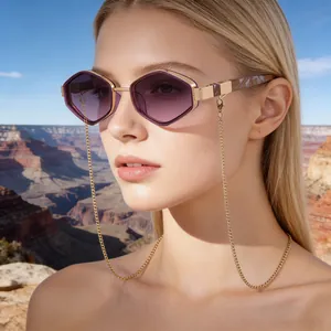 Fashion Hexagonal Sunglasses For Women With Metal Chain Vintage Polygon UV400 Polarized Gradient Lens Outdoor Streetwear Eyewear