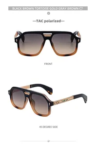 Detail view of square polarized sunglasses featuring vintage double bridge and gold metal arms
