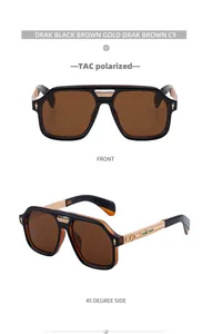 Close-up of TAC polarized brown lenses and gold metal temples on square sunglasses