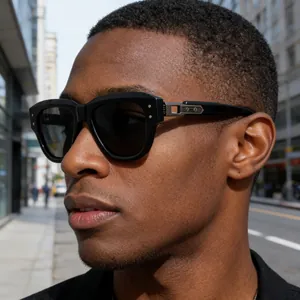 Detail of trendy men's cat-eye polarized sunglasses with silver metal geometric temples