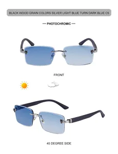 Details einer randlosen phototropen Sonnenbrille mit Holzmaserung und Metallakzenten