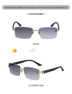 Detail einer randlosen photochromen Sonnenbrille mit goldenem Leopard und schwarzen Holzbügeln