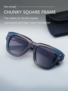 Chunky square sunglasses with gradient frames and a black leather case detail